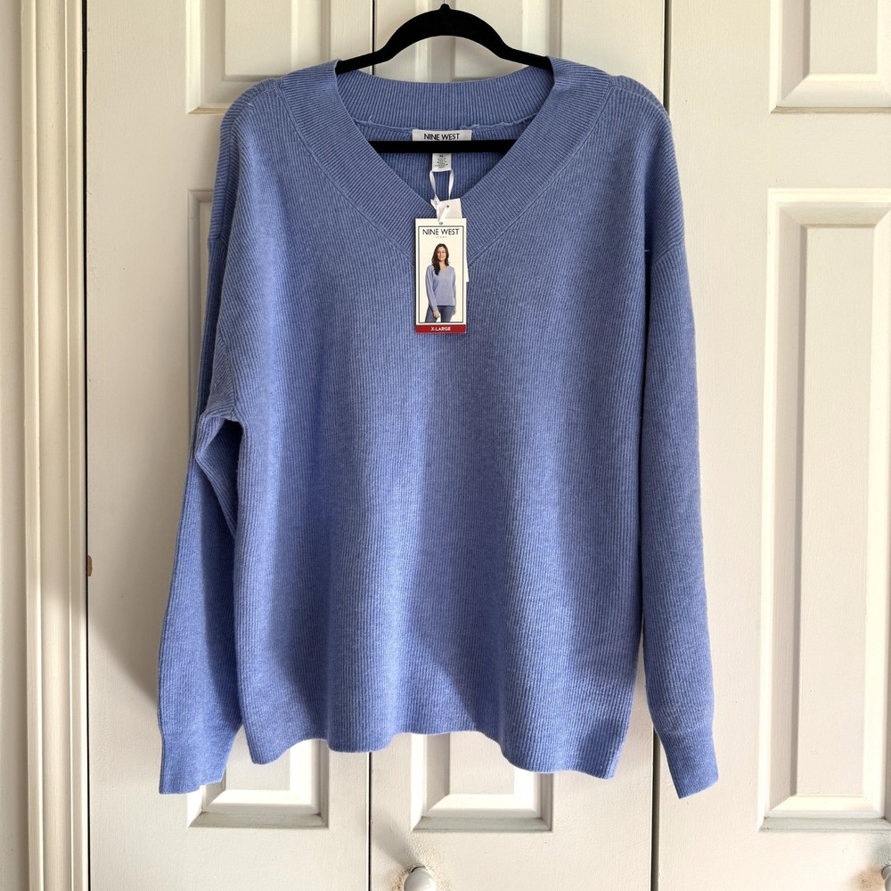 Nine West Jeans Blue V-Neck Sweater, Sz XL, Ribbed Pullover Polyester Nylon NEW‎